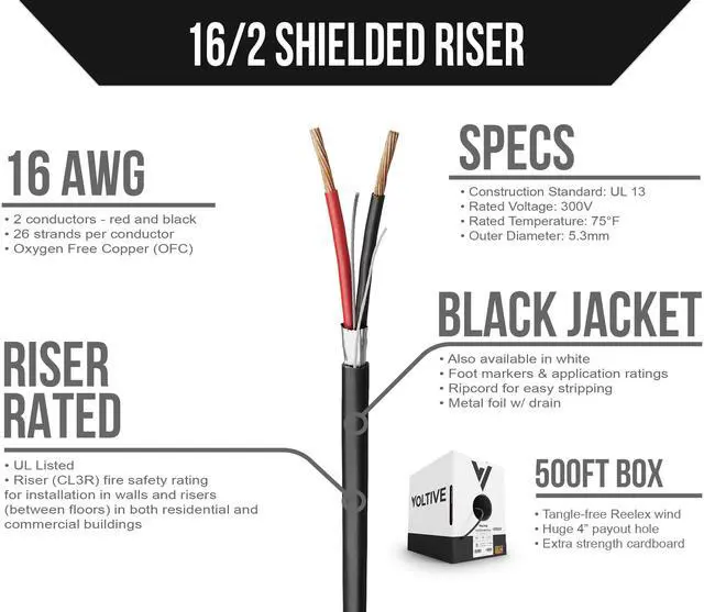 Alt view image 2 of 6 - 16/2 Shielded Low Voltage Wire, Riser CL3R, Black, 500ft - 16AWG, 2 Conductors, Overall Shield, Stranded Bare Copper, UL Listed - V-1261-2