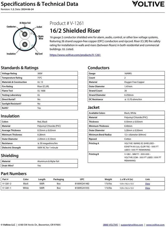 Alt view image 6 of 6 - 16/2 Shielded Low Voltage Wire, Riser CL3R, White, 500ft - 16AWG, 2 Conductors, Overall Shield, Stranded Bare Copper, UL Listed - V-1261-1