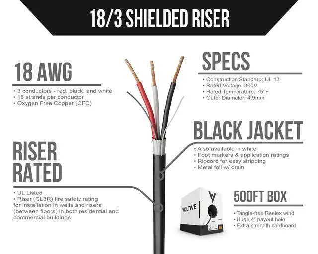 Alt view image 2 of 6 - 18/3 Shielded Low Voltage Wire, Riser CL3R, Black, 500ft - 18AWG, 3 Conductors, Overall Shield, Stranded Bare Copper, UL Listed - V-1254-2