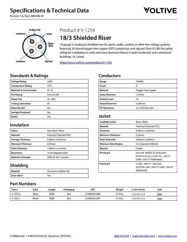 Alt view image 6 of 6 - 18/3 Shielded Low Voltage Wire, Riser CL3R, Black, 500ft - 18AWG, 3 Conductors, Overall Shield, Stranded Bare Copper, UL Listed - V-1254-2