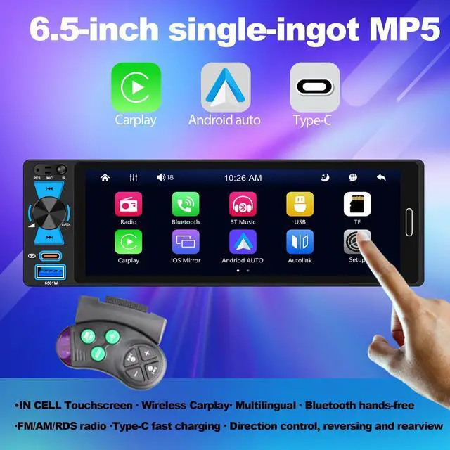 Alt view image 2 of 6 - 6.5" Single Din Car Stereo Wireless Apple CarPlay Android Auto, Car Radio Bluetooth 5.2, FM/AM/RDS, IPS HD Touchscreen, Type-C Fast Charging