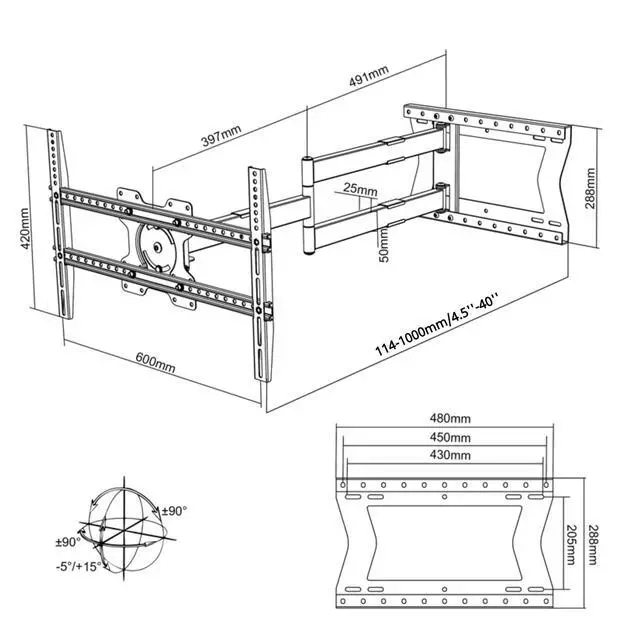 Alt view image 6 of 6 - 4100 Long Arm TV Wall Mount for 32-85 inch Screens Extra Long Extension Up to 40 Inch Heavy-Duty TV Mount Holds up to 120 lbs Full-Motion, Swivels Up to 180° Max. VESA 600x400