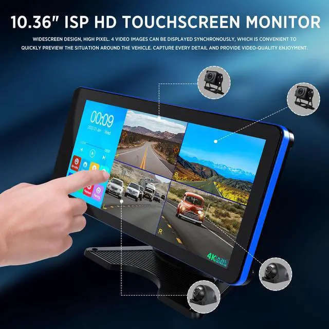 Alt view image 5 of 6 - 4K Backup Camera 4 Channel 360 Dash Cam with 10.36" Quad Split Touch Screen & 4 AHD Front Rear Sides View Camera w/DVR Recording Music Video Playback Avoid Blind for RV Semi Trailer Truck Van