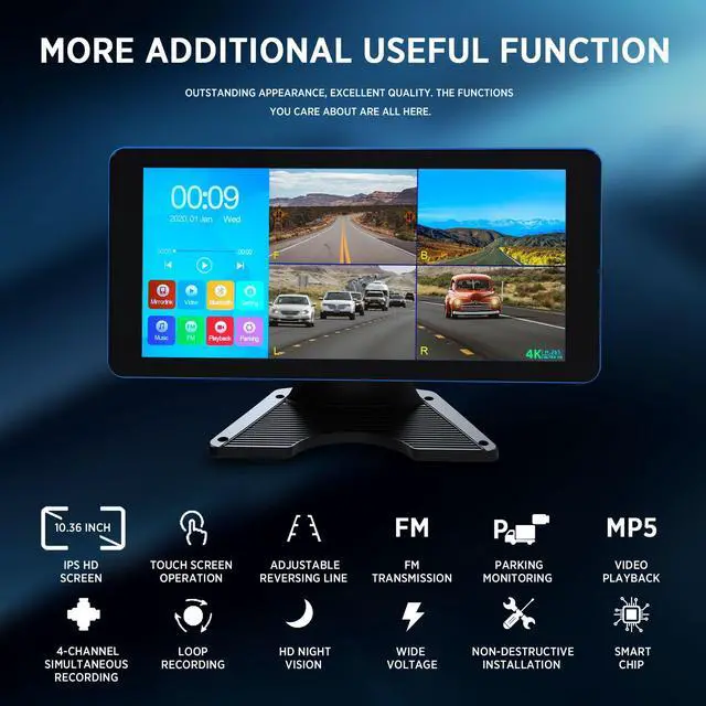 Alt view image 6 of 6 - 4K Backup Camera 4 Channel 360 Dash Cam with 10.36" Quad Split Touch Screen & 4 AHD Front Rear Sides View Camera w/DVR Recording Music Video Playback Avoid Blind for RV Semi Trailer Truck Van