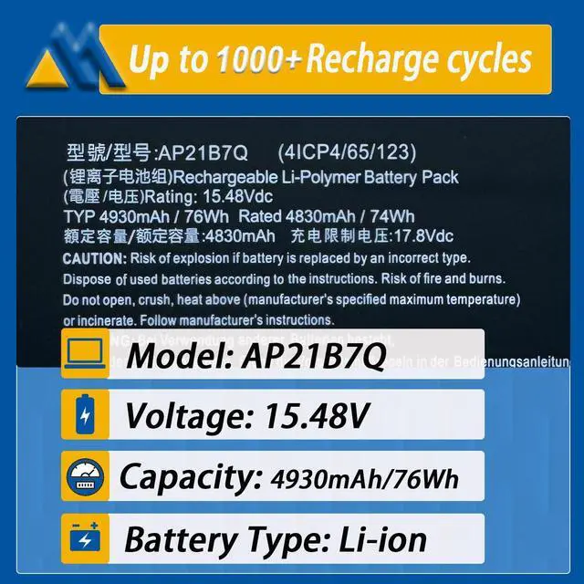 Alt view image 2 of 6 - AP21B7Q Laptop Battery Compatible with Acer Predator Triton 300 SE PT314-51S (2022) Swift Edge SFX16-61G Swift X SFX14-71G Series QKT.00407.014 15.48V 4930mAh 76Wh
