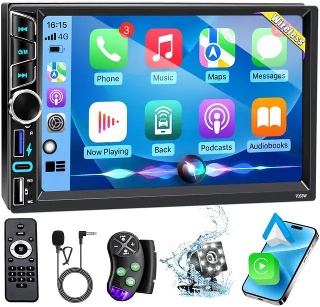 Main image of 7" Double Din Car Stereo Compatible with Wireless Apple Carplay Android Auto|Bluetooth 5.2|180W Outputs|Subwoofer|FM|AM|USB|38W Fast Charge|Physical Knob|Backup Camera|Stereo for 7x4.02 2 DIN Size