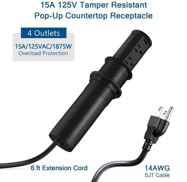 Alt view image 5 of 6 - Pop up Outlet for Countertop,65W USB C Fast Charging Port,2.5-inch Hole Desktop Power Grommet,Recessed Power Strip,4 Outlets 4 USB Ports,15Amp Tamper Resistant Receptacle,ETL Listed (Black)
