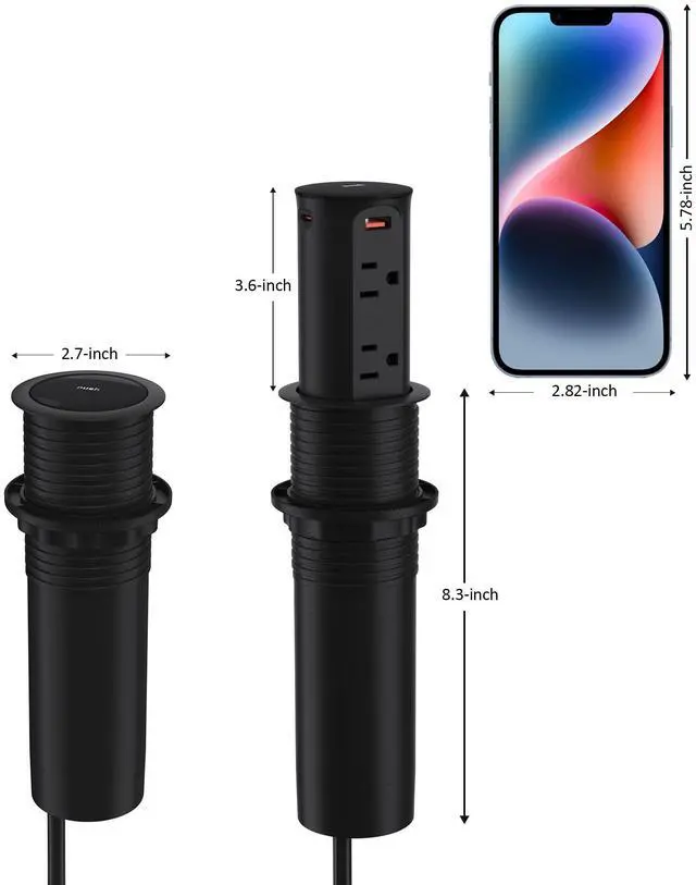 Alt view image 6 of 6 - Pop up Outlet for Countertop,65W USB C Fast Charging Port,2.5-inch Hole Desktop Power Grommet,Recessed Power Strip,4 Outlets 4 USB Ports,15Amp Tamper Resistant Receptacle,ETL Listed (Black)