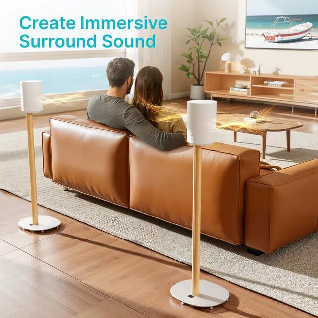 Alt view image 3 of 6 - Speaker Stands Pair for SONOS Era 100 and Era 300,11LBS Capacity,30.6" Fixed Height Floor Stand with Cable Management,Large Base with Two Feet Avaliable,Wooden Speaker Mount,White