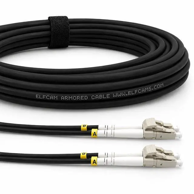 Main image of ® - 60m/196.8ft Outdoor and Indoor Shielded Armored Fiber Optic Cable LC/UPC to LC/UPC OM3 Multimode Duplex 50/125m LSZH, Black (60M)