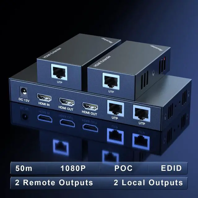 Alt view image 2 of 6 - HDMI Extender Splitter 1x2 1080P@60Hz Over Cat 5E/6/7 Ethernet Cable 50m (165ft) Support 2 HDMI loopout EDID Copy POC Function (1 in 2 Out)