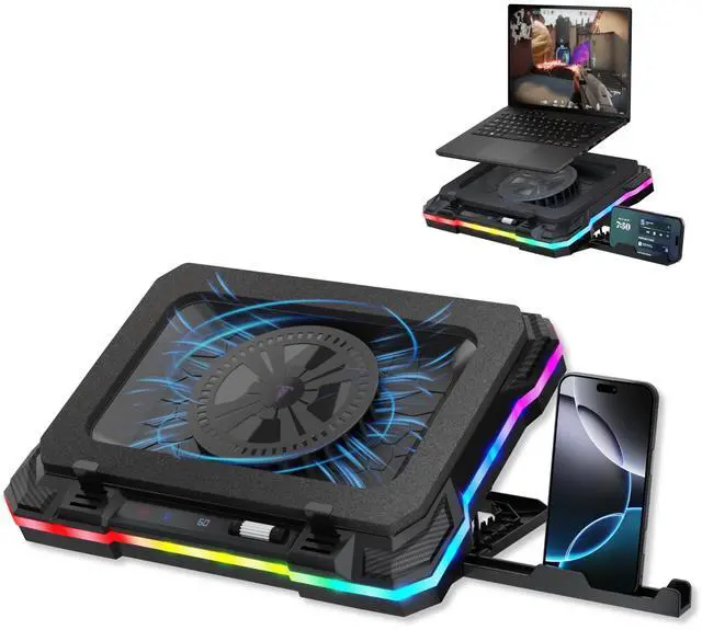 Main image of Gaming Laptop Cooling Pad with USB Hub - Boost Performance, Stay Comfortable - RGB Laptop Cooler Stand with Adjustable Height & Fan Speed, RGB, USB (C + A) Hub, for 15.6" - 19" Laptops