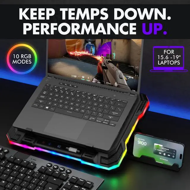 Alt view image 2 of 6 - Gaming Laptop Cooling Pad with USB Hub - Boost Performance, Stay Comfortable - RGB Laptop Cooler Stand with Adjustable Height & Fan Speed, RGB, USB (C + A) Hub, for 15.6" - 19" Laptops