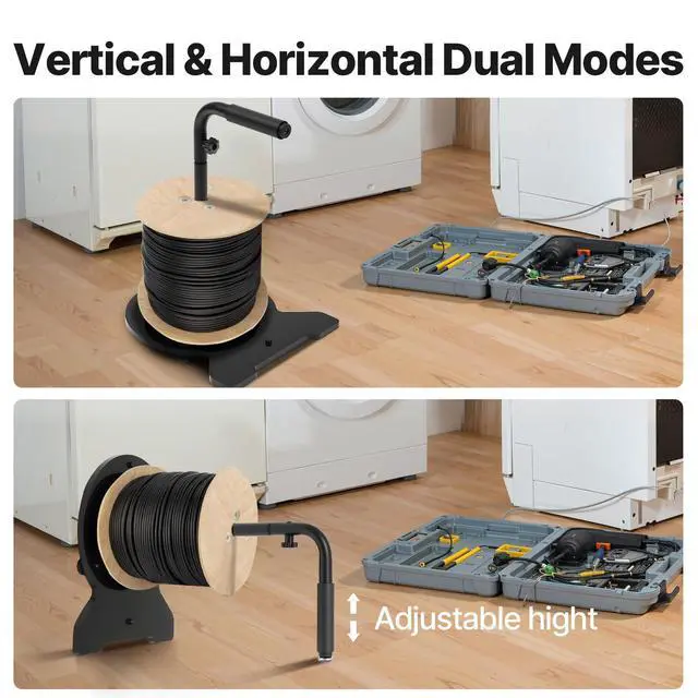 Alt view image 2 of 6 - Aluminum Alloy Dual Ball Bearing Turntable Cable Reel Stand, Adjustable Feet Supports up to 220 lbs, Vertical & Horizontal Use, Ergonomic Detachable Handle, Smooth & Stable Rotation (Large)