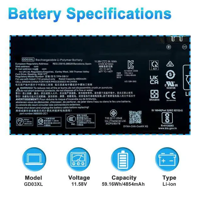 Alt view image 2 of 6 - 59.16Wh GD03XL N66215-005 Laptop Battery Replacement for HP Envy x360 14 2-in-1 14-fa0000 14-fc0000 14-fc0078TU OmniBook X 14-fe0000 EliteBook Ultra G1q Series GD03059XL N66000-1E1 N66000-2C1