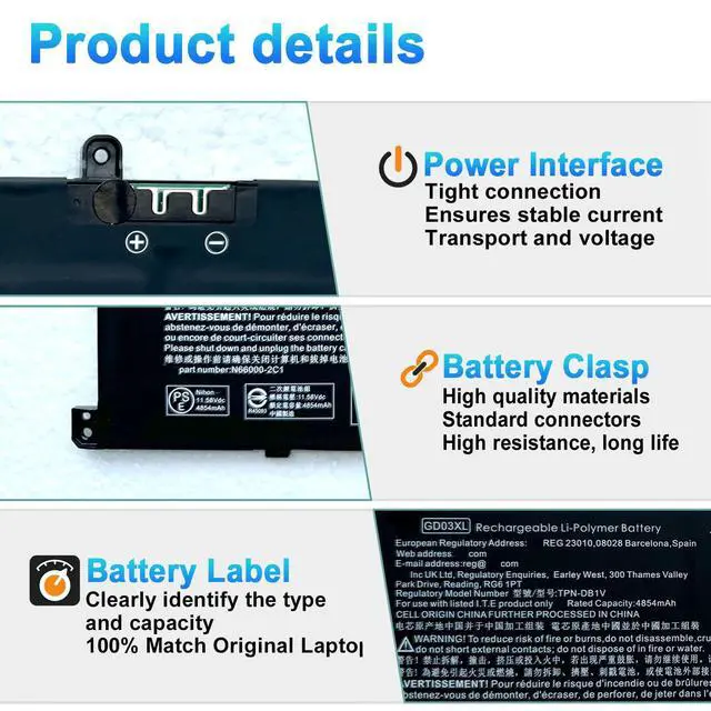 Alt view image 3 of 6 - 59.16Wh GD03XL N66215-005 Laptop Battery Replacement for HP Envy x360 14 2-in-1 14-fa0000 14-fc0000 14-fc0078TU OmniBook X 14-fe0000 EliteBook Ultra G1q Series GD03059XL N66000-1E1 N66000-2C1