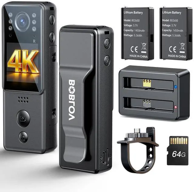 Main image of 4K Mini Body Camera with Video and Audio 64G, 2X 1400mAh Batteries& Charging Dock, A29 Body Wearable Camera with Night Vision & Bike Mount for Security, Vlogging, Pet, Cycling, Daily Recording