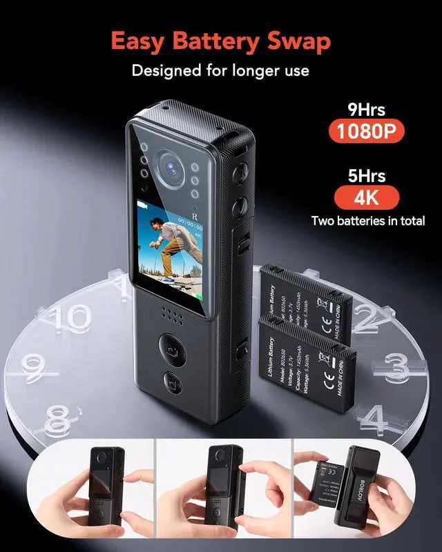 Alt view image 4 of 6 - 4K Mini Body Camera with Video and Audio 64G, 2X 1400mAh Batteries& Charging Dock, A29 Body Wearable Camera with Night Vision & Bike Mount for Security, Vlogging, Pet, Cycling, Daily Recording