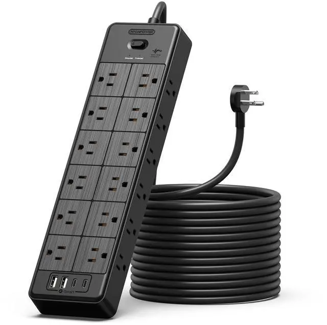 Main image of 24 Widely Outlets Extension Cord 15 Ft 15A/1875W Power Strips with Surge Protection 4000J,Black Extension Cord Surge Protector with 4 USB Ports(2 USB C), Wall Mount Holes for Home, Office
