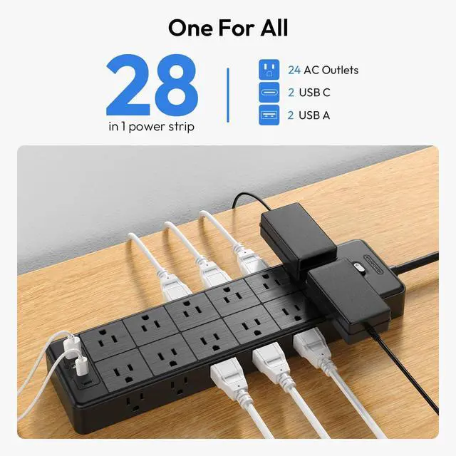 Alt view image 2 of 6 - 24 Widely Outlets Extension Cord 15 Ft 15A/1875W Power Strips with Surge Protection 4000J,Black Extension Cord Surge Protector with 4 USB Ports(2 USB C), Wall Mount Holes for Home, Office