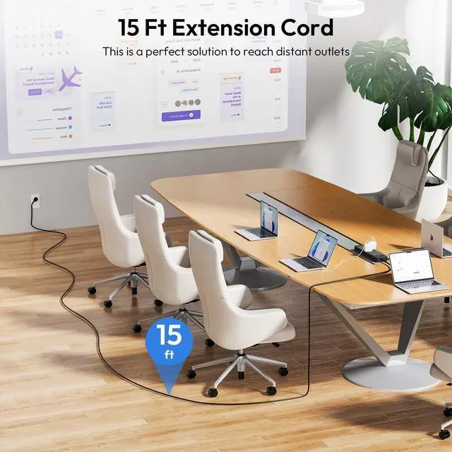 Alt view image 3 of 6 - 24 Widely Outlets Extension Cord 15 Ft 15A/1875W Power Strips with Surge Protection 4000J,Black Extension Cord Surge Protector with 4 USB Ports(2 USB C), Wall Mount Holes for Home, Office