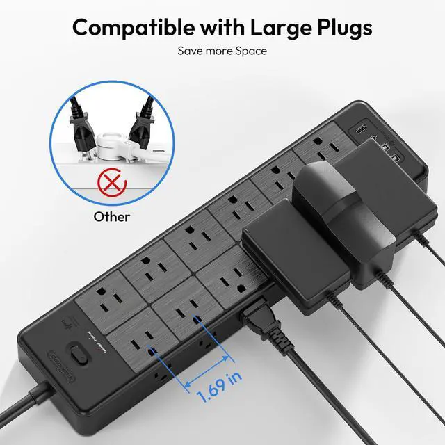 Alt view image 4 of 6 - 24 Widely Outlets Extension Cord 15 Ft 15A/1875W Power Strips with Surge Protection 4000J,Black Extension Cord Surge Protector with 4 USB Ports(2 USB C), Wall Mount Holes for Home, Office