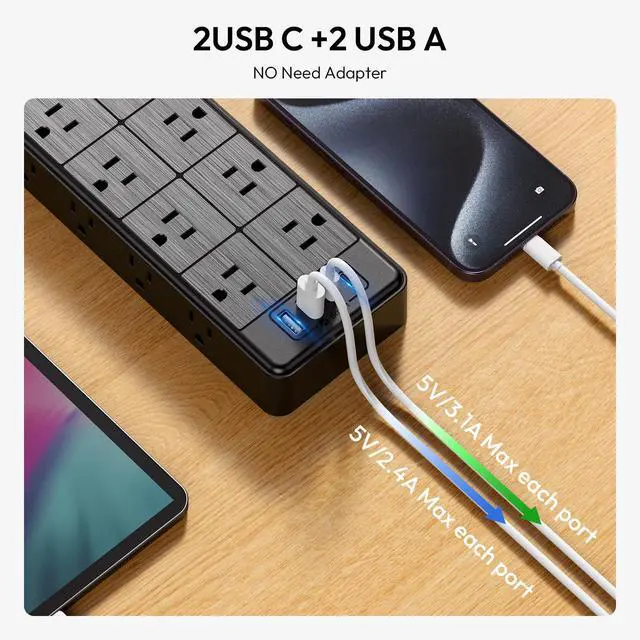 Alt view image 5 of 6 - 24 Widely Outlets Extension Cord 15 Ft 15A/1875W Power Strips with Surge Protection 4000J,Black Extension Cord Surge Protector with 4 USB Ports(2 USB C), Wall Mount Holes for Home, Office