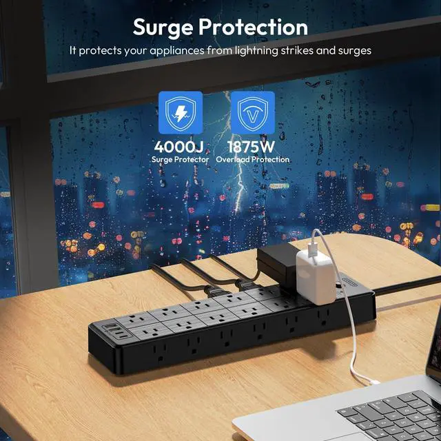 Alt view image 6 of 6 - 24 Widely Outlets Extension Cord 15 Ft 15A/1875W Power Strips with Surge Protection 4000J,Black Extension Cord Surge Protector with 4 USB Ports(2 USB C), Wall Mount Holes for Home, Office