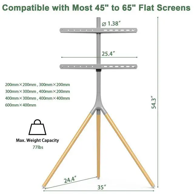 Alt view image 2 of 6 - TV Easel Stand with Tripod Base for 45-65 inch LED LCD OLED Flat Screens, 180°Swivel TV Floor Stand for Apartment, Bedroom, Studio - Height Adjustable Portable TV Stand w/Cable Ties, Gray