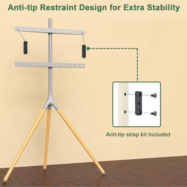 Alt view image 4 of 6 - TV Easel Stand with Tripod Base for 45-65 inch LED LCD OLED Flat Screens, 180°Swivel TV Floor Stand for Apartment, Bedroom, Studio - Height Adjustable Portable TV Stand w/Cable Ties, Gray
