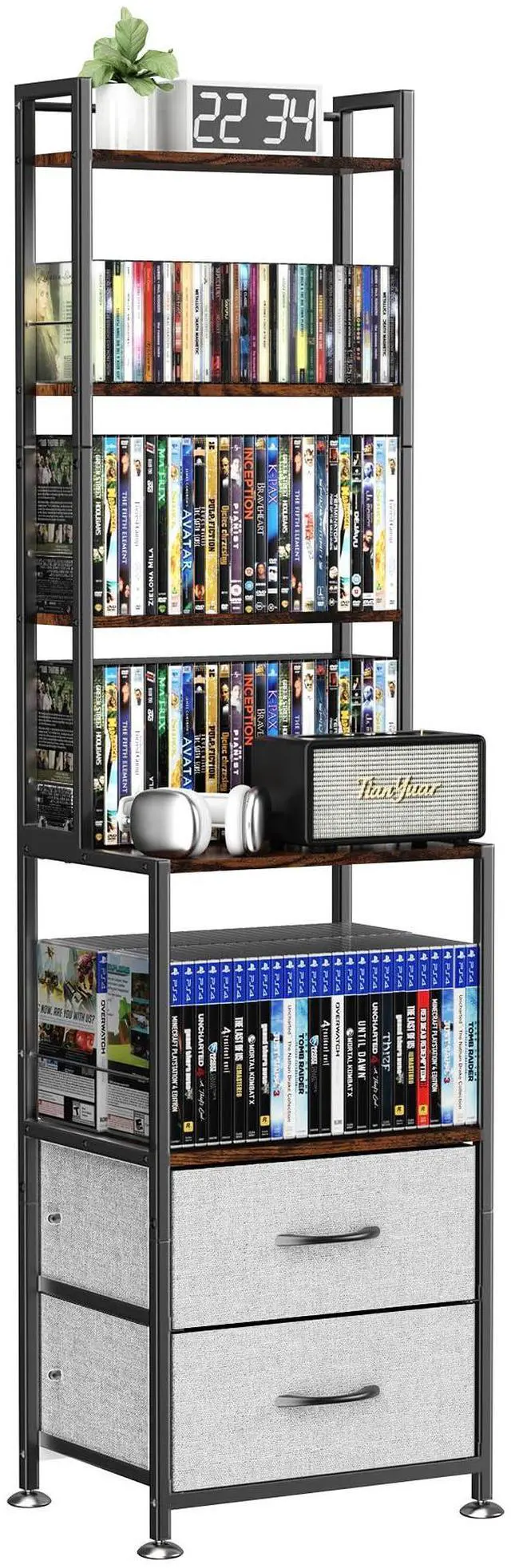 Main image of DVD Storage, Mutli 7-Tier DVD Storage Rack and Shelving, DVD Dispaly Shelf, CD Rack Tower for DVDs CDs Book Organizer with Drawers, Media Shelf, Manga Bookshelf for Gaming Media Moive Room