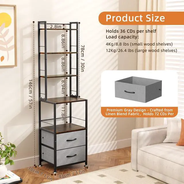 Alt view image 2 of 6 - DVD Storage, Mutli 7-Tier DVD Storage Rack and Shelving, DVD Dispaly Shelf, CD Rack Tower for DVDs CDs Book Organizer with Drawers, Media Shelf, Manga Bookshelf for Gaming Media Moive Room