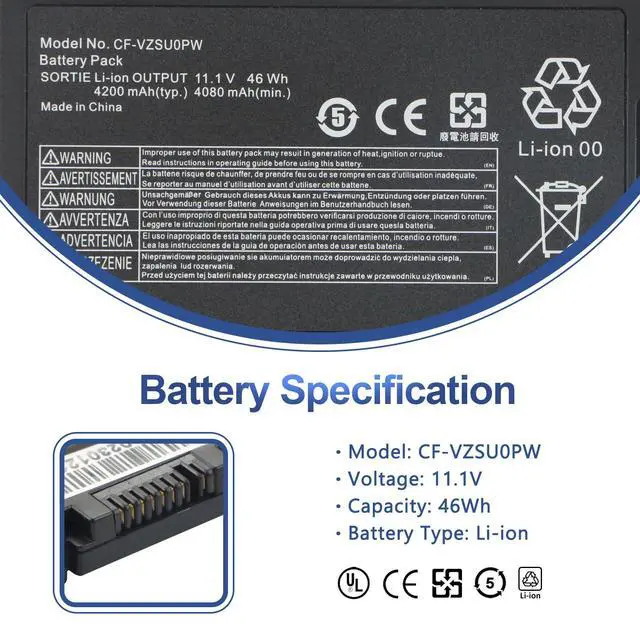 Alt view image 2 of 6 - CF-VZSU0PW CF-VZSU0PR Laptop Battery Replacement for Panasonic TOUGHBOOK CF54 CF-54 Mk1 Series 54 Gloved Multi Touch, 54 Prime CF-VZSUOPW CF-VZSU0GW CF-VZSU0KR 46Wh 4200mAh
