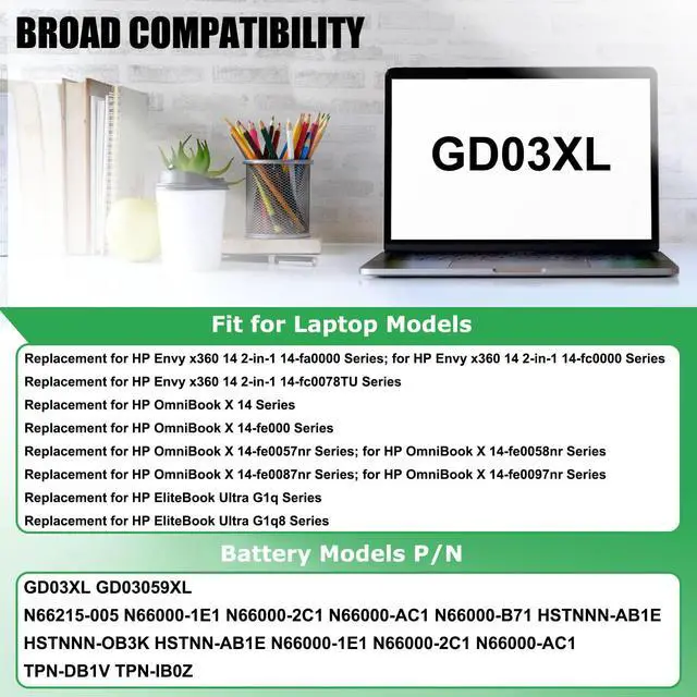 Alt view image 3 of 6 - GD03XL N66215-005 Laptop Battery Replacement for HP Envy x360 14 2-in-1 14-fa0000 EliteBook Ultra G1q OmniBook X 14 Series Notebook GD03059XL N66000-1E1 N66000-AC1 11.58V 59.16Wh 4854mAh