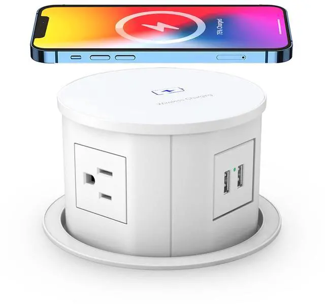 Main image of Pop up Power Outlet with 15W Wireless Charger,Pop up Electrical Outlets for Countertops,4.7'' Diameter Round Pop Up Counter Outlet with 4 Outlets,2 USB,Hidden Pop Out Outlet,ETL Listed