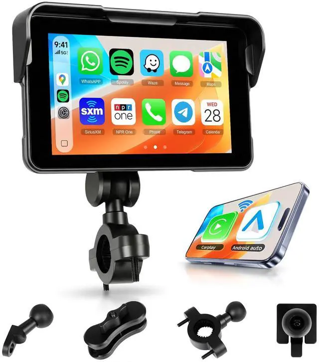Main image of Motorcycle CarPlay Screen 5 Inch Wireless & Android Auto, Safety-Focused with IP68 Waterproof Touchscreen, 3s Quick Release Bracket, Voice Control, GPS, Bluetooth Helmet/TPMS Support