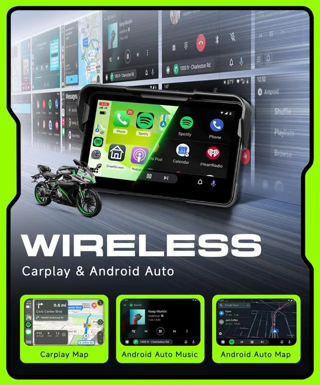 Alt view image 2 of 6 - Motorcycle CarPlay Screen 5 Inch Wireless & Android Auto, Safety-Focused with IP68 Waterproof Touchscreen, 3s Quick Release Bracket, Voice Control, GPS, Bluetooth Helmet/TPMS Support