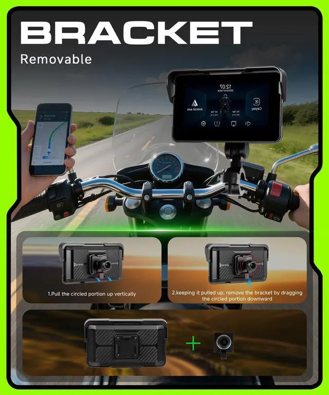 Alt view image 3 of 6 - Motorcycle CarPlay Screen 5 Inch Wireless & Android Auto, Safety-Focused with IP68 Waterproof Touchscreen, 3s Quick Release Bracket, Voice Control, GPS, Bluetooth Helmet/TPMS Support