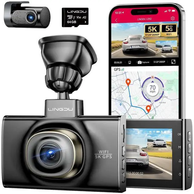 Main image of LD02 5K On Dash Cam 5G WiFi with Free 64GB Card, 4K+2K Front and Rear Dual Dashcam 170° WDR IR Night Vision, 24H Parking Mode G-Sensor 3" Build-in GPS, Max Up Support to 128GB, Easy to Install (Black)