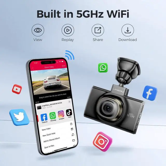 Alt view image 4 of 6 - LD02 5K On Dash Cam 5G WiFi with Free 64GB Card, 4K+2K Front and Rear Dual Dashcam 170° WDR IR Night Vision, 24H Parking Mode G-Sensor 3" Build-in GPS, Max Up Support to 128GB, Easy to Install (Black)