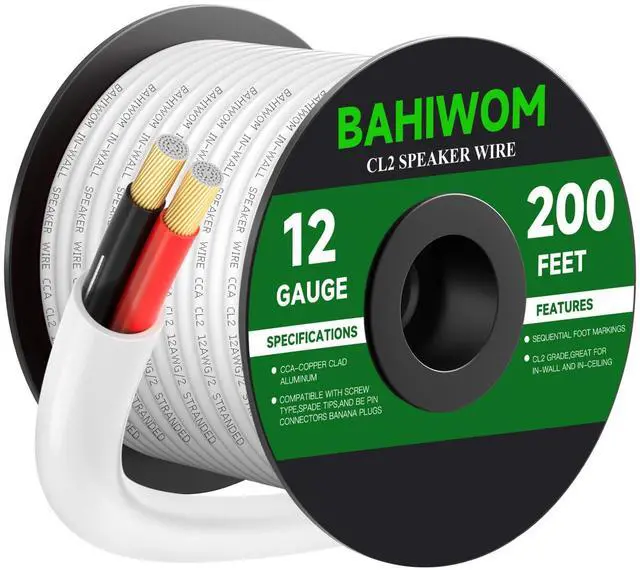 Main image of 12 Gauge 200FT Speaker Wire CCA 2 Conductors Cord CL2 Rated Speaker Cable for Indoor,in-Wall,in-Ceiling,Home Theater & Commercial Audio with White PVC Jacket