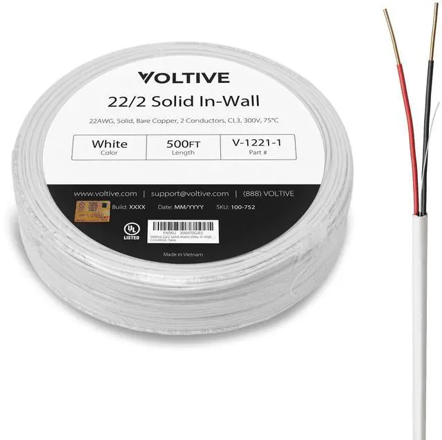 Main image of 22/2 Solid Alarm Wire, in-Wall CL3, White, 500ft - 22AWG, 2 Conductors, Solid Bare Copper, UL Listed - V-1221-1
