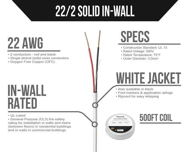 Alt view image 2 of 4 - 22/2 Solid Alarm Wire, in-Wall CL3, White, 500ft - 22AWG, 2 Conductors, Solid Bare Copper, UL Listed - V-1221-1
