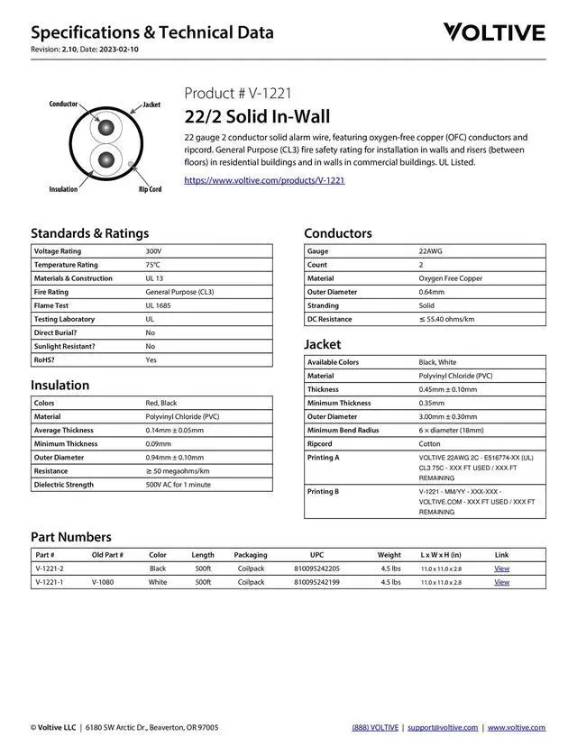 Alt view image 4 of 4 - 22/2 Solid Alarm Wire, in-Wall CL3, White, 500ft - 22AWG, 2 Conductors, Solid Bare Copper, UL Listed - V-1221-1