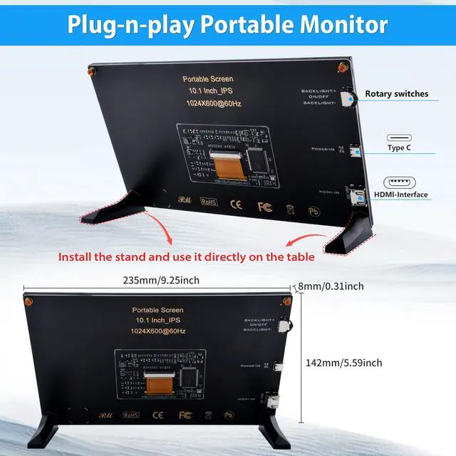 Alt view image 4 of 6 - 10.1 Inch LCD Screen for Raspberry Pi, 1024x600 IPS LCD Display, HDMI Portable Monitor for Raspberry Pi 5/Pi 4B/3B+/3B/B+/Zero/400, Win11/10/8/7, Free Driver (Non-Touch)