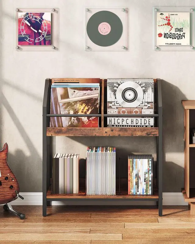Alt view image 2 of 6 - 2-Tier Vinyl Record Storage Holder Rack, 250 LP Albums Display Shelf, Wooden Vinyl Storage Rack with Wire Dividers for Records, CDs, Books, Rustic Brown and Black TCW07BF