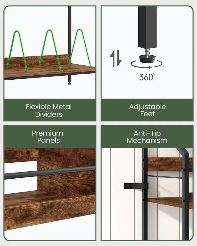Alt view image 3 of 6 - 2-Tier Vinyl Record Storage Holder Rack, 250 LP Albums Display Shelf, Wooden Vinyl Storage Rack with Wire Dividers for Records, CDs, Books, Rustic Brown and Black TCW07BF