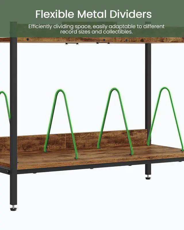 Alt view image 4 of 6 - 2-Tier Vinyl Record Storage Holder Rack, 250 LP Albums Display Shelf, Wooden Vinyl Storage Rack with Wire Dividers for Records, CDs, Books, Rustic Brown and Black TCW07BF