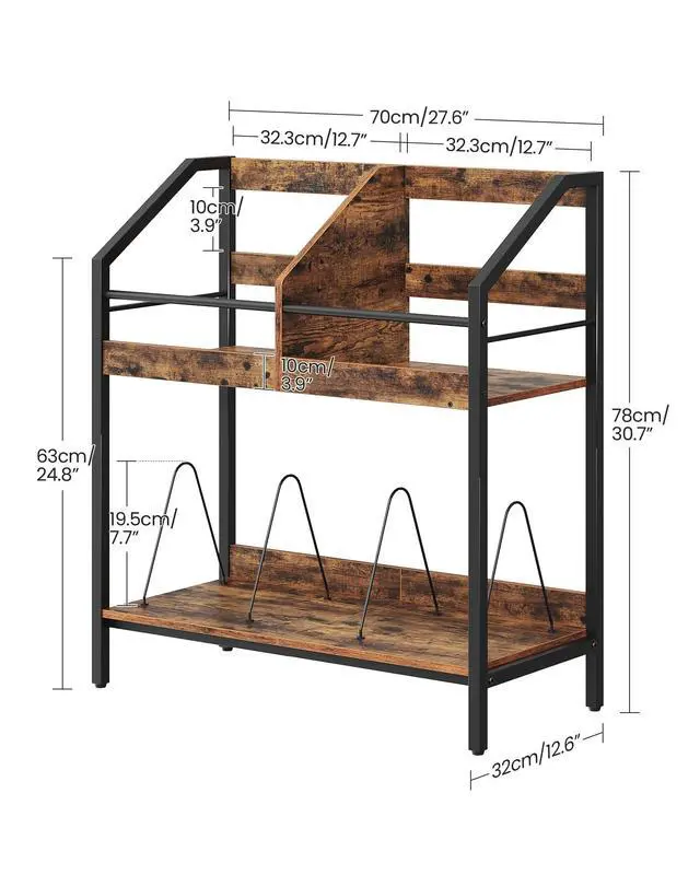 Alt view image 6 of 6 - 2-Tier Vinyl Record Storage Holder Rack, 250 LP Albums Display Shelf, Wooden Vinyl Storage Rack with Wire Dividers for Records, CDs, Books, Rustic Brown and Black TCW07BF