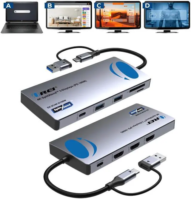 Main image of SplitXtend USB C Docking Station Triple Monitor with 3xHDMI Ports, Thunderbolt 4 Dock, HDMI DisplayPort Hub, Dual Monitor HDMI Adapter Extend, USB C Splitter, 100W PD, SD Card Reader, 4K Output